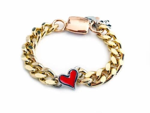 image-Gold chain bracelet with red heart shaped charm