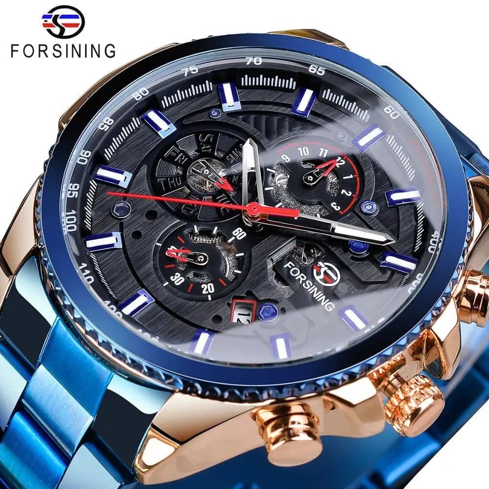 image-Forsining Three Dial Calendar Stainless Steel Men Mechanical Automatic Wrist Watches Top Brand Luxury Military Sport Male Clock