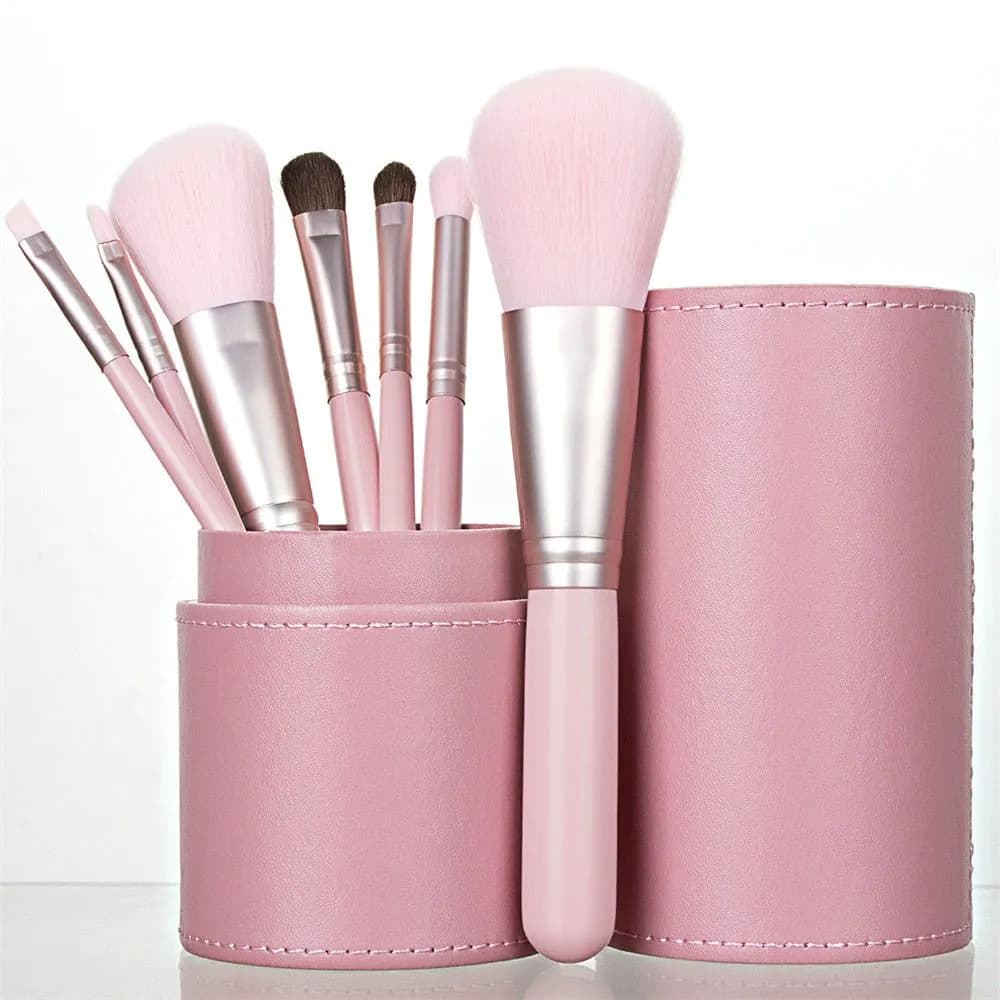 image-7PC Makeup Brush Set With Case Organizer Pink Blush Eyeshadow