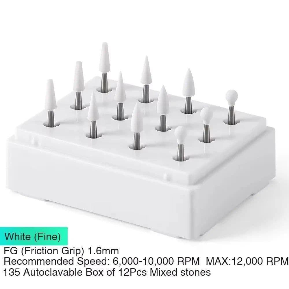 image-(12pcs/box)Dia1.6mm Azdent White Stone Polishing Burs for Finishing Porcelain Enamel & Composite Resin Flame/Cone/Round Shape
