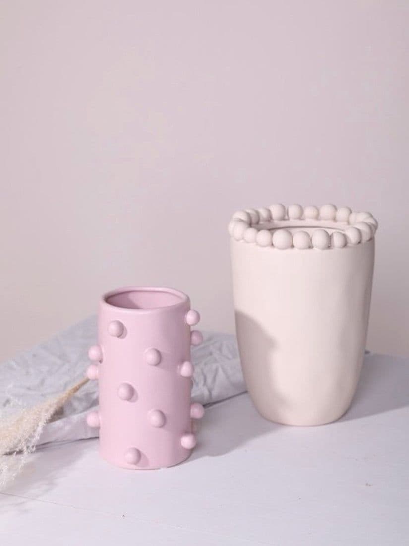image-Handmade Morandi-color Pomponette Vase, Dotted Cylinder Centrepiece