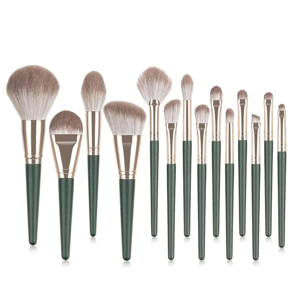 image-14pcs Green Makeup Brushes Set Beauty Foundation Powder Blush
