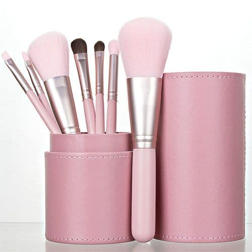 image-7PC Makeup Brush Set With Case Organizer Pink Blush Eyeshadow