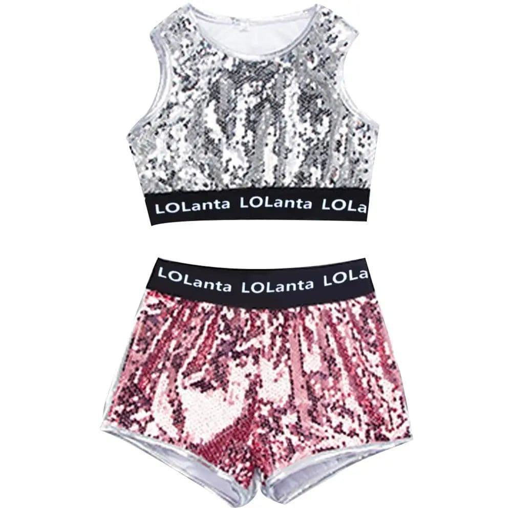 image-LOlanta 4-14 Years Girls Pink Sequin Crop Tops Shorts Jacket Dancewear Costume Hip Hop Modern Jazz Dance Stage Performance Wear