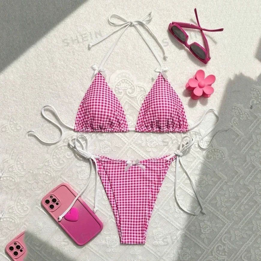 image-Red Plaid String Halter thong Micro Bikini for Women Mini Swimwear Lace-up Sexy Swimsuit Bathing Suit Triangle Bikinis Sets 2025