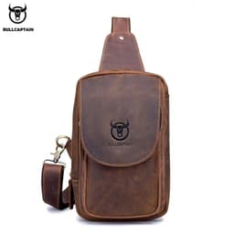 image-BULLCAPTAIN Men's Crossbody Bags Crazy Horse Leather Chest Bag's Leather Crossbody Bages Retro Men's Zip Pocket Short Travel Bag