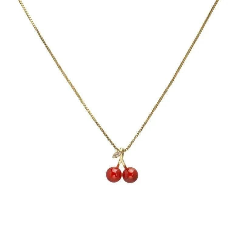 image-New Wine Red Cherry Gold Color Pendant Necklace For Women Personality Fashion Necklace Wedding Jewelry Birthday Gifts
