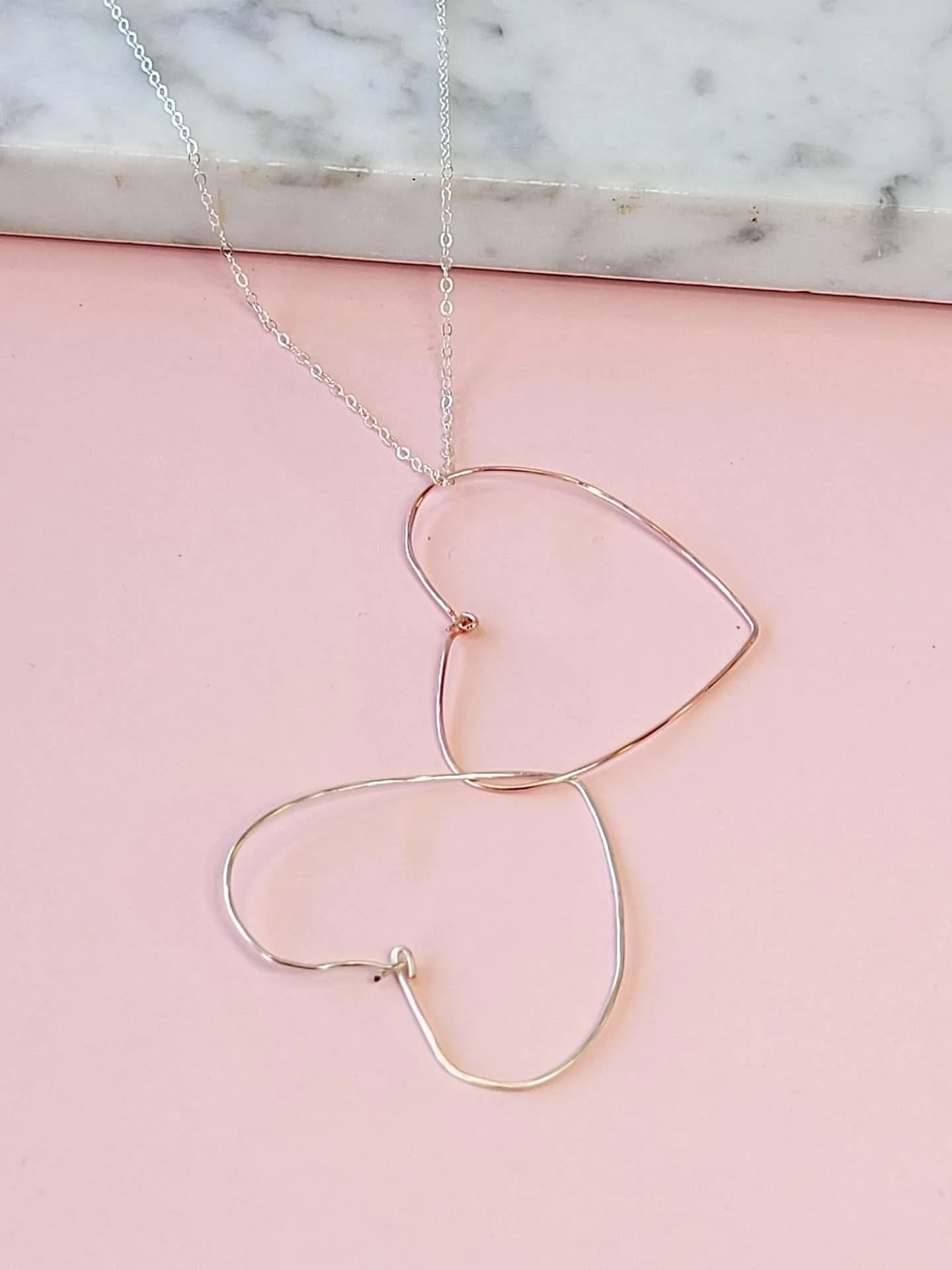 image-Double Drop Heart Necklace in Rose Gold and Silver
