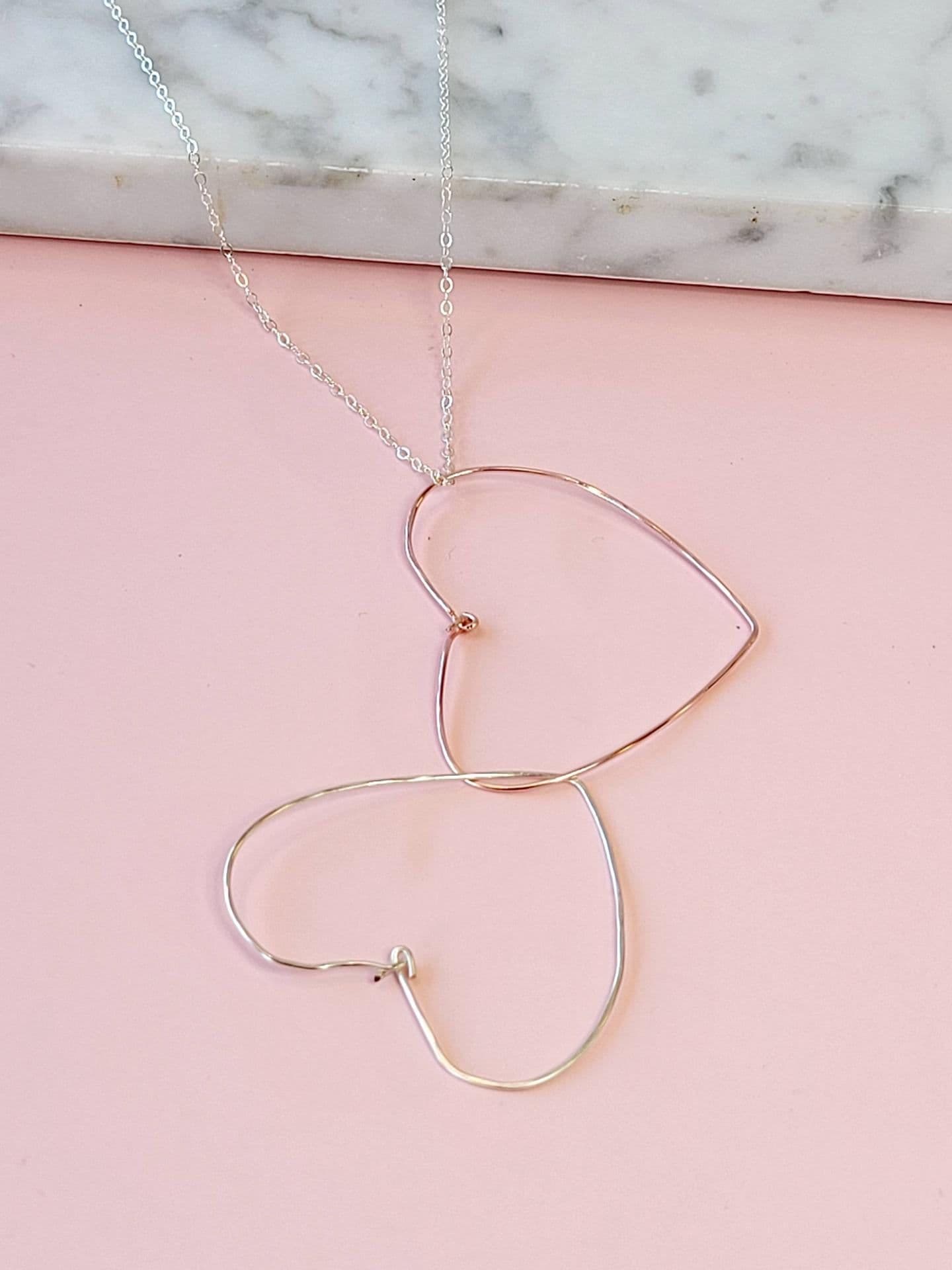 image-Double Drop Heart Necklace in Rose Gold and Silver