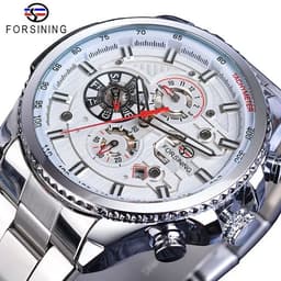 image-Forsining Three Dial Calendar Stainless Steel Men Mechanical Automatic Wrist Watches Top Brand Luxury Military Sport Male Clock