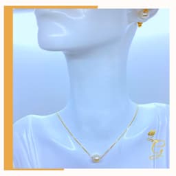 image-18K Real Gold Set of white Pearl Earrings and Necklace 18”