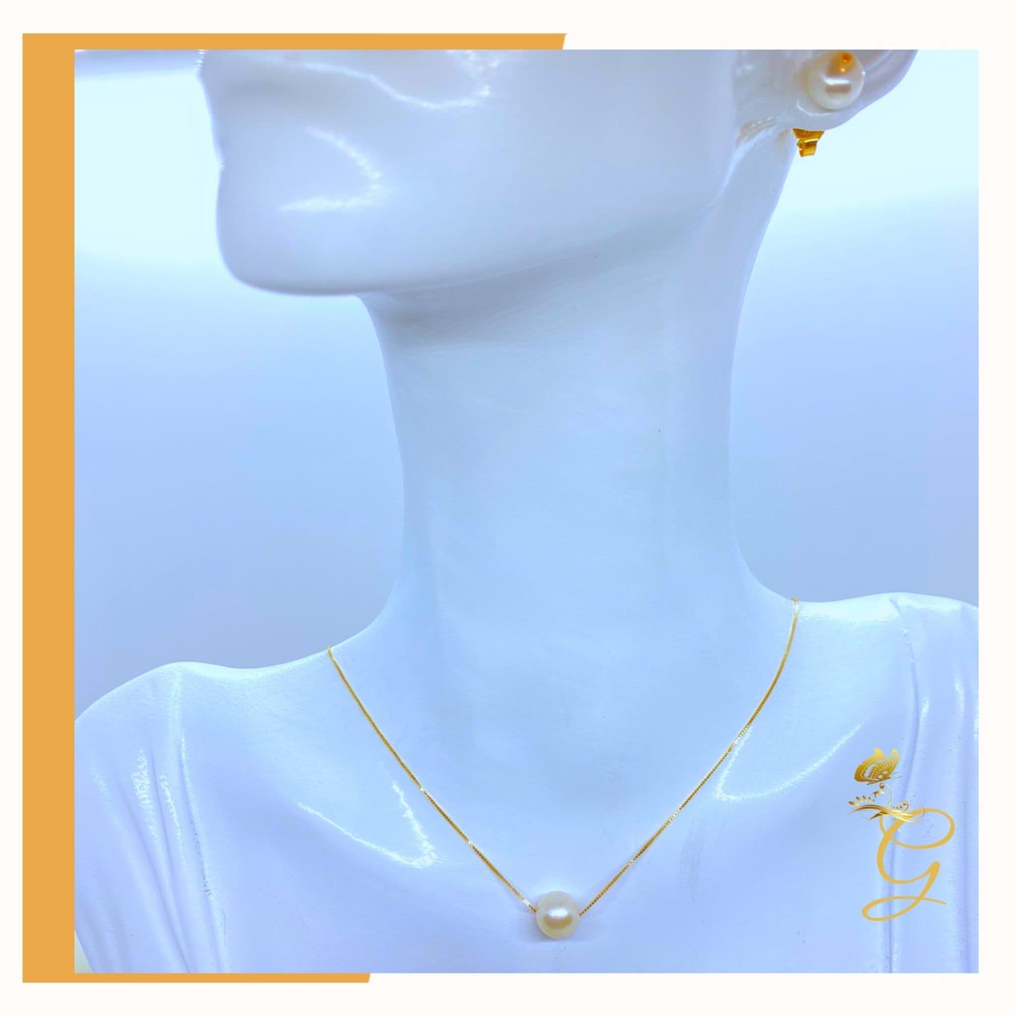 image-18K Real Gold Set of white Pearl Earrings and Necklace 18”