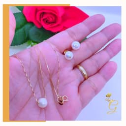 image-18K Real Gold Set of white Pearl Earrings and Necklace 18”