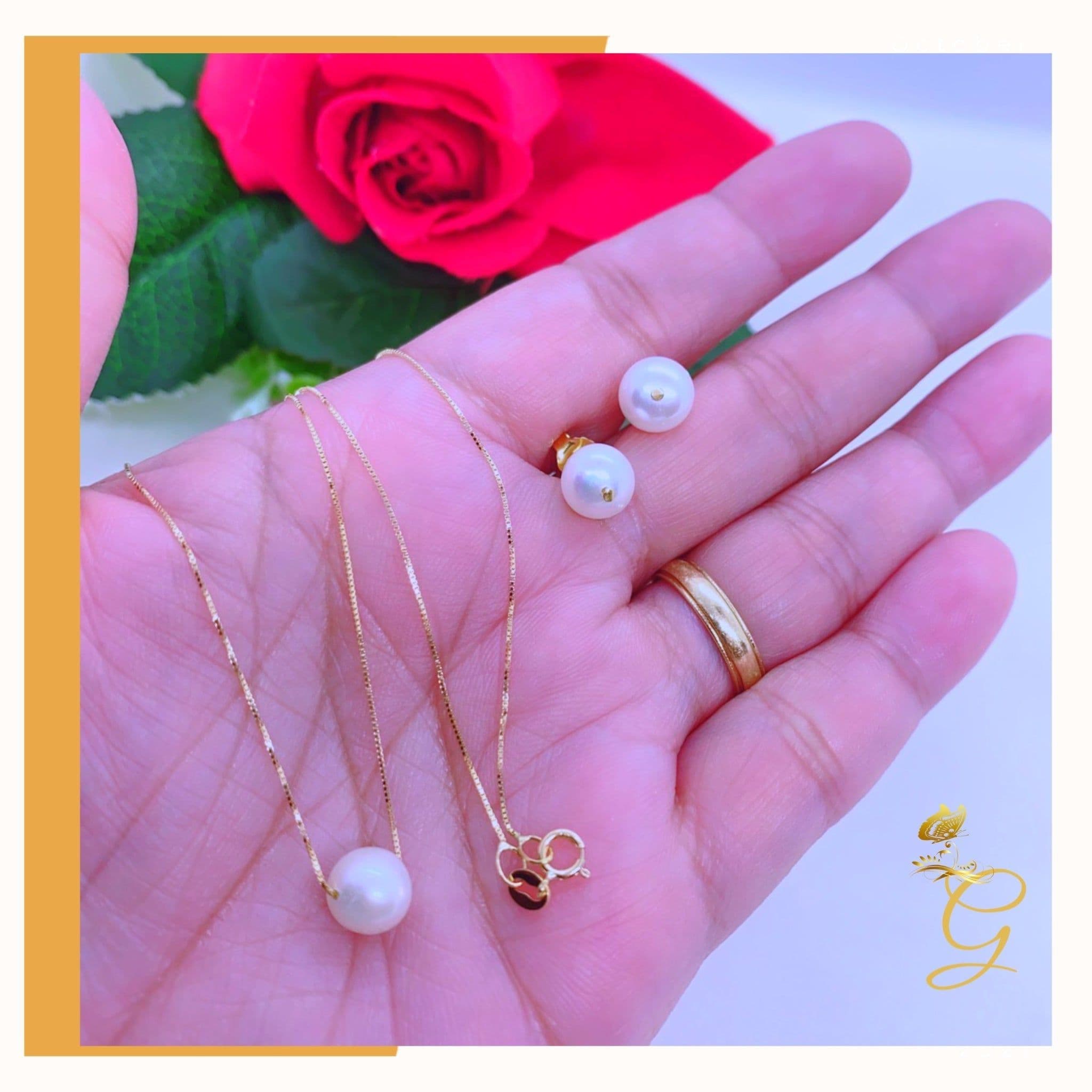 image-18K Real Gold Set of white Pearl Earrings and Necklace 18”