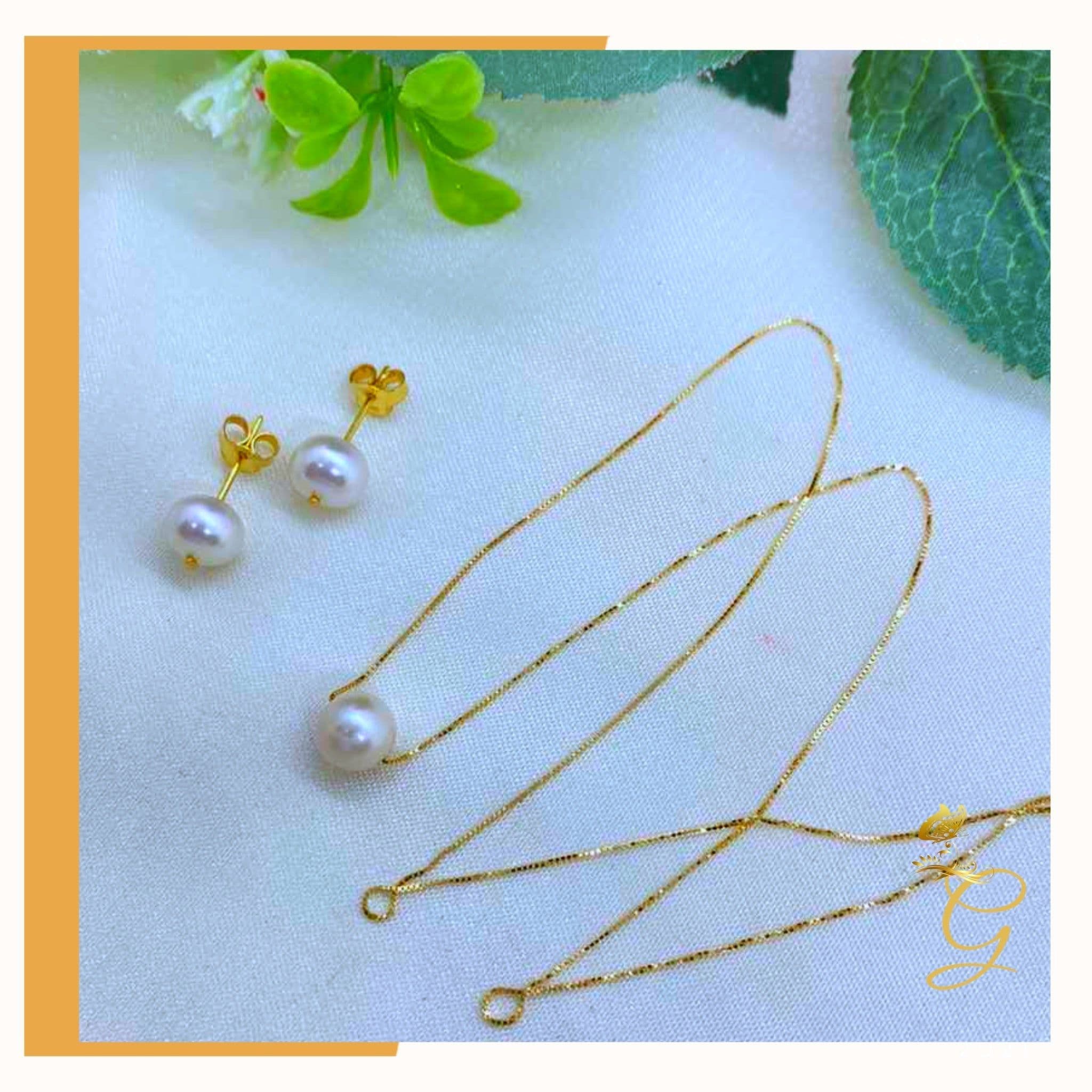 image-18K Real Gold Set of white Pearl Earrings and Necklace 18”