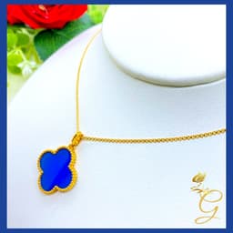 image-18K Real Gold Blue 20mm Cloverleaf Necklace 18”