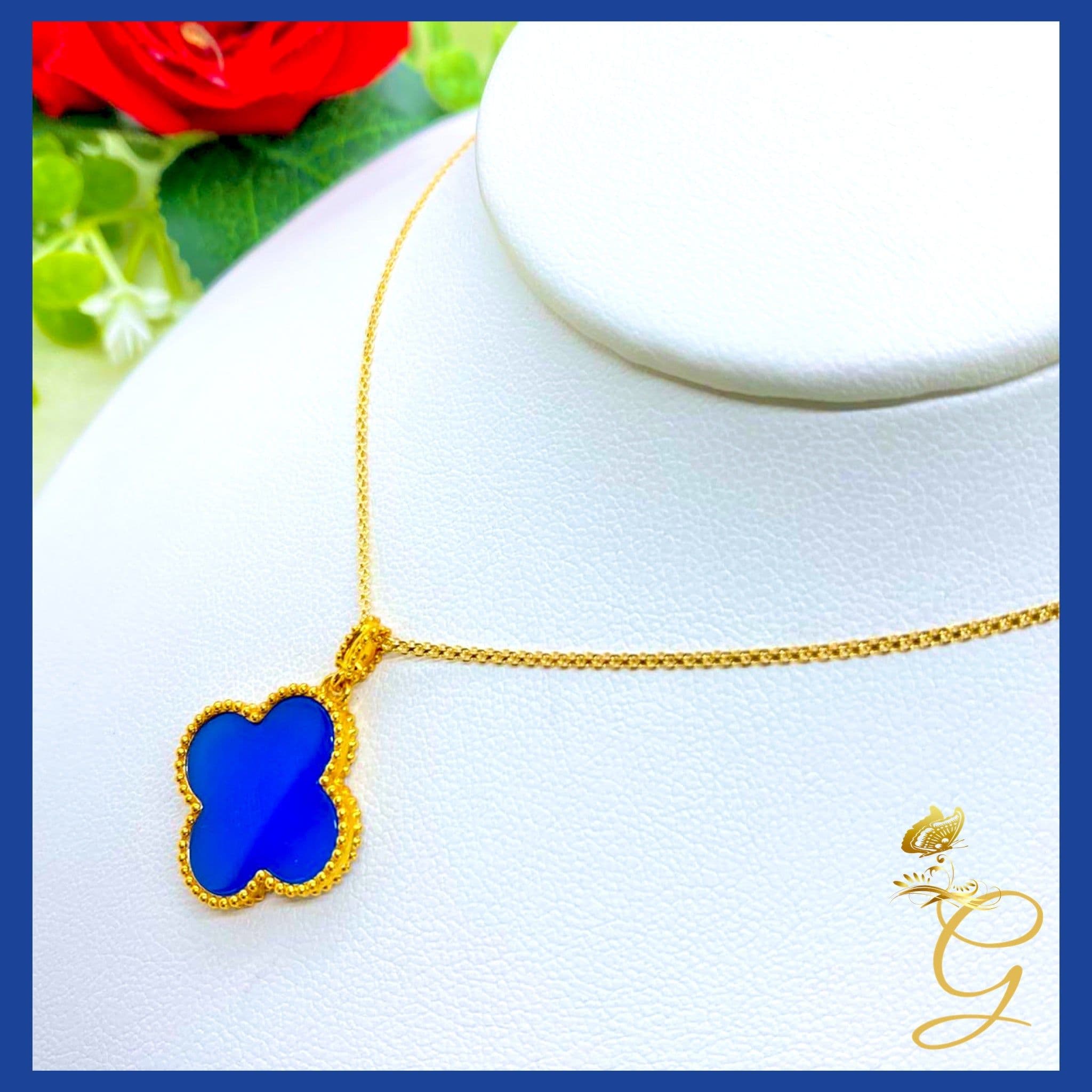 image-18K Real Gold Blue 20mm Cloverleaf Necklace 18”