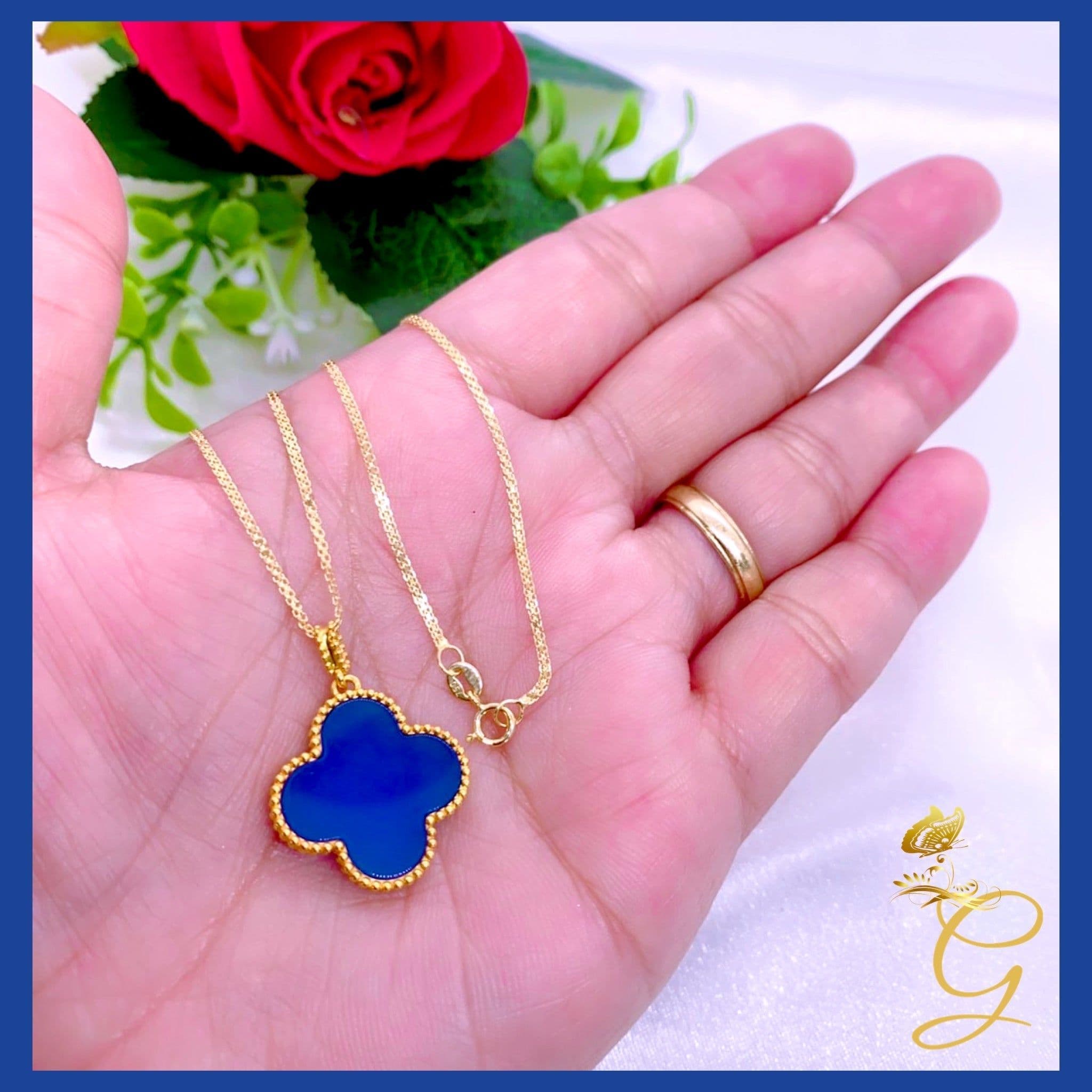 image-18K Real Gold Blue 20mm Cloverleaf Necklace 18”