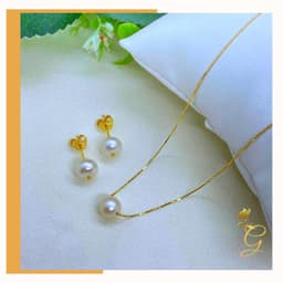 image-18K Real Gold Set of white Pearl Earrings and Necklace 18”