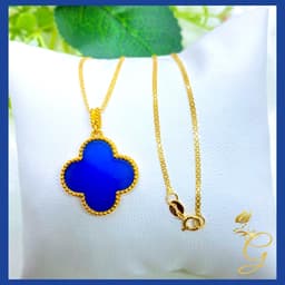 image-18K Real Gold Blue 20mm Cloverleaf Necklace 18”