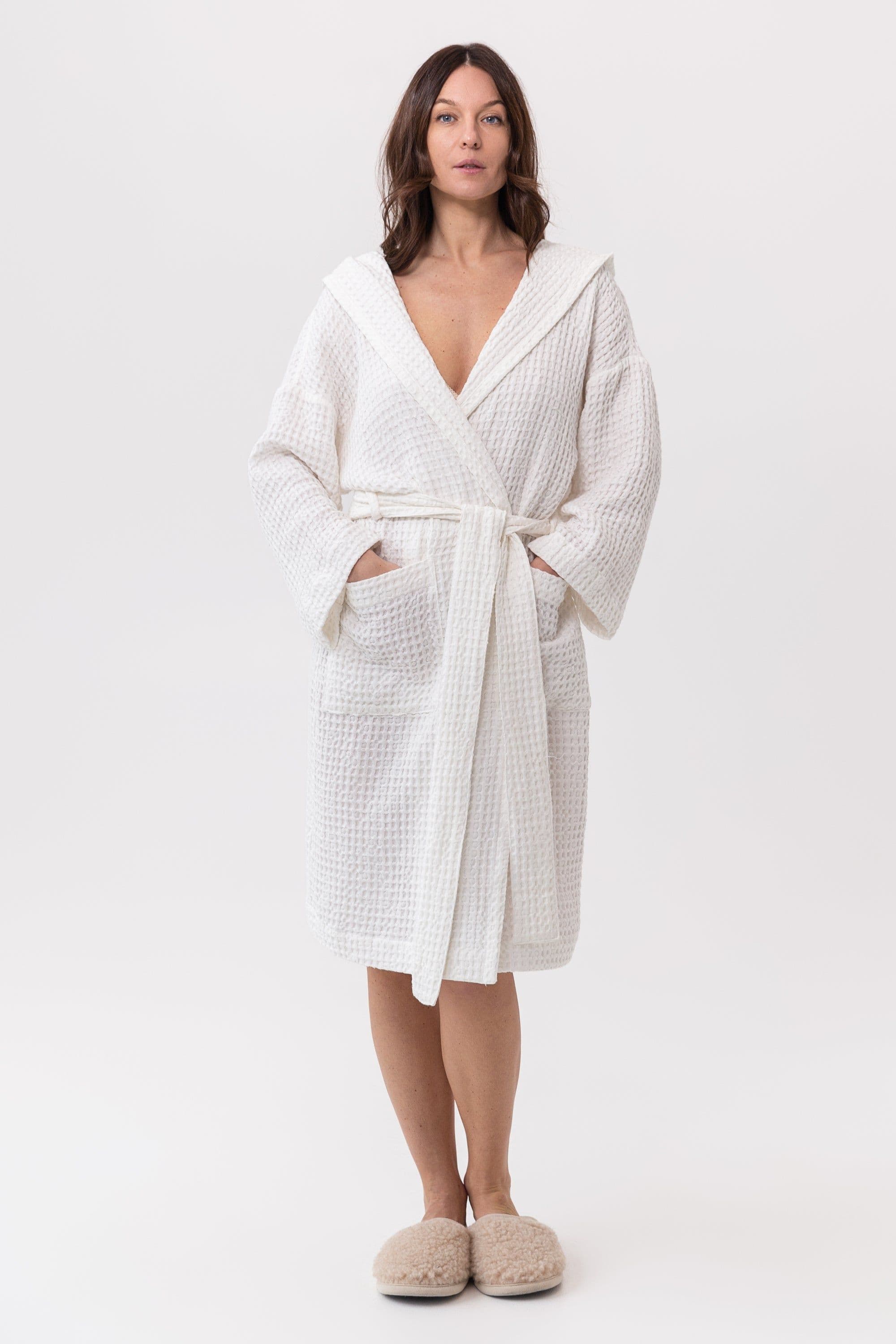 image-White linen waffle robe with hoodie