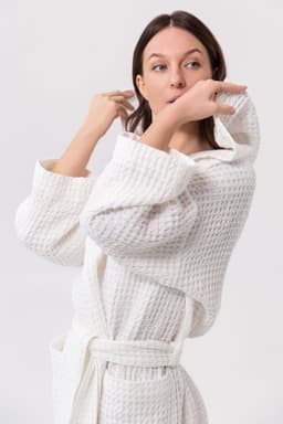 image-White linen waffle robe with hoodie