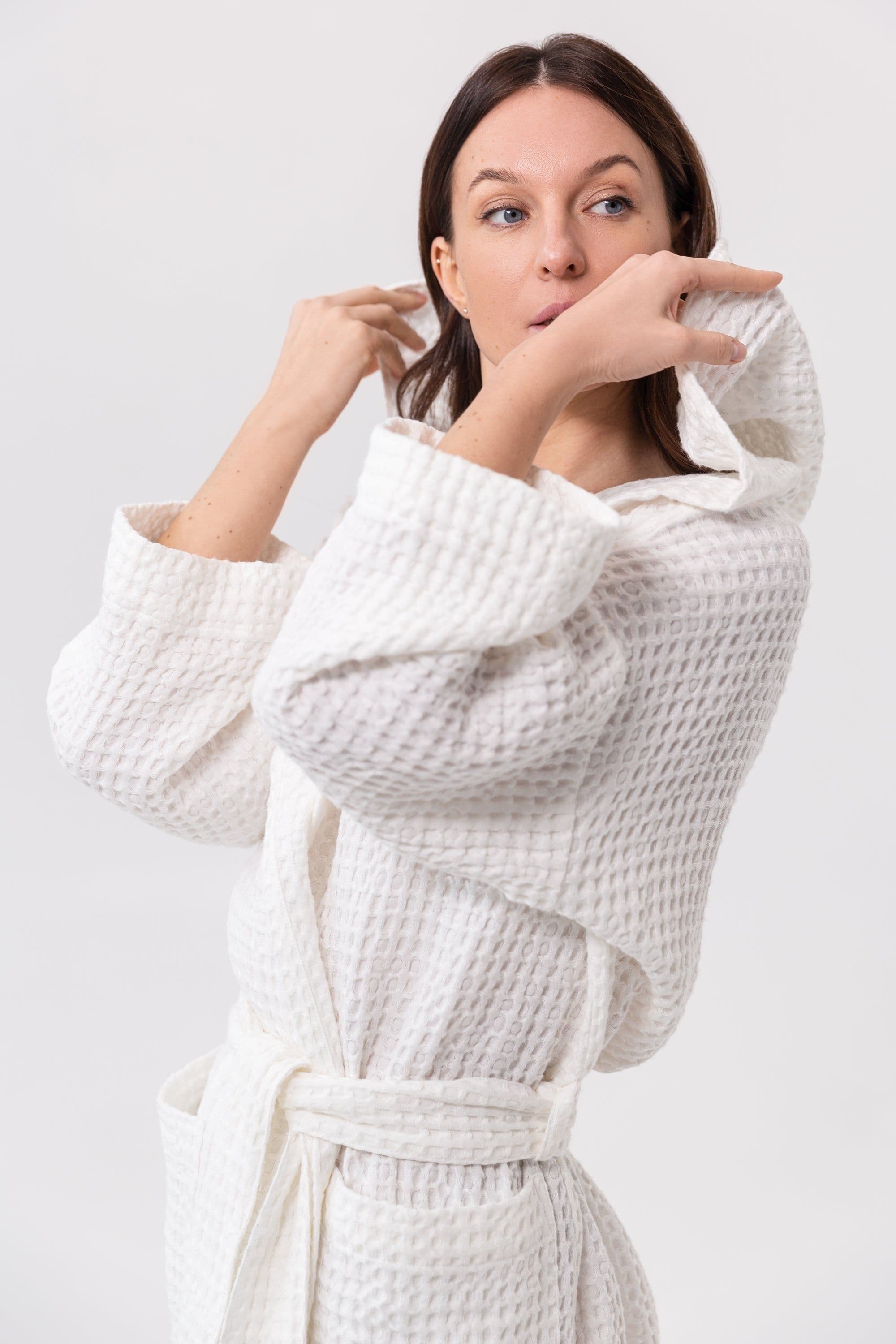 image-White linen waffle robe with hoodie