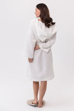 image-White linen waffle robe with hoodie