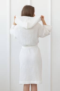 image-White linen waffle robe with hoodie