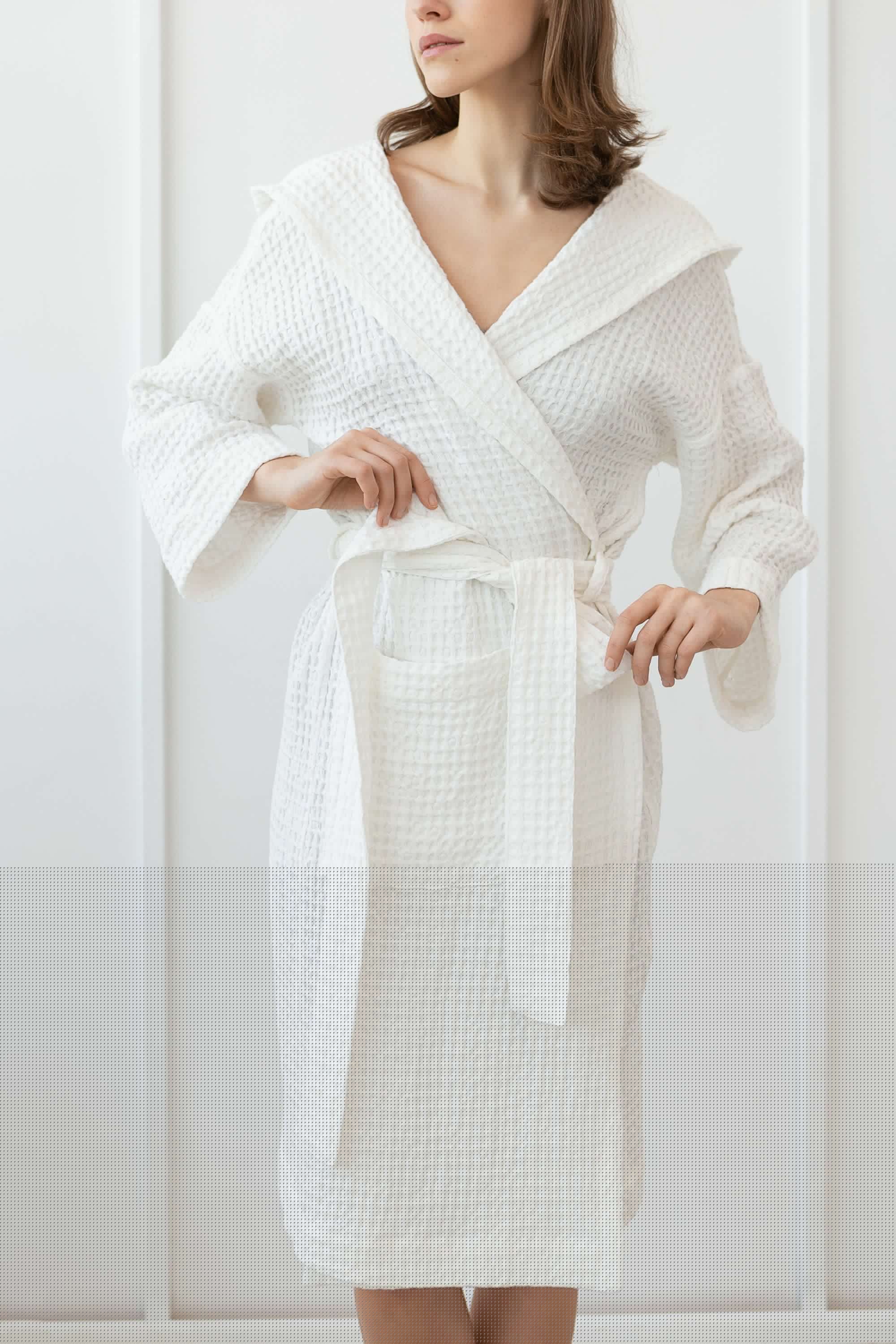 image-White linen waffle robe with hoodie