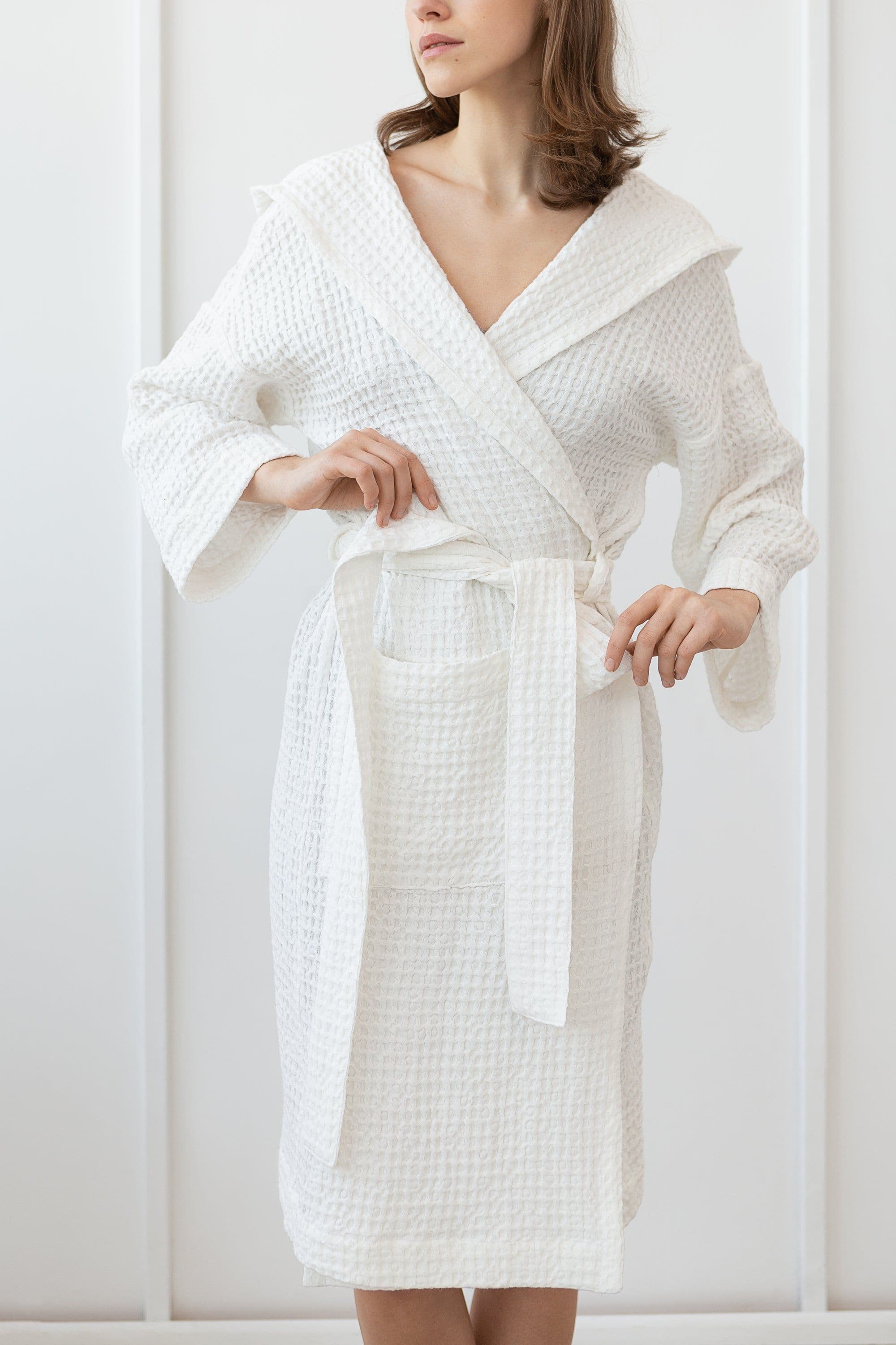 image-White linen waffle robe with hoodie