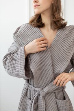 image-Plum linen waffle robe with hoodie