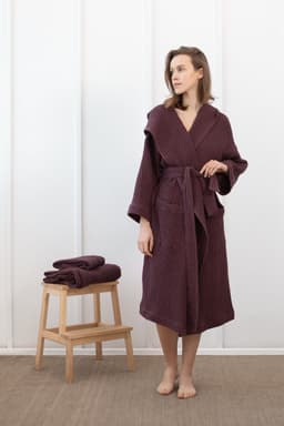 image-Plum linen waffle robe with hoodie