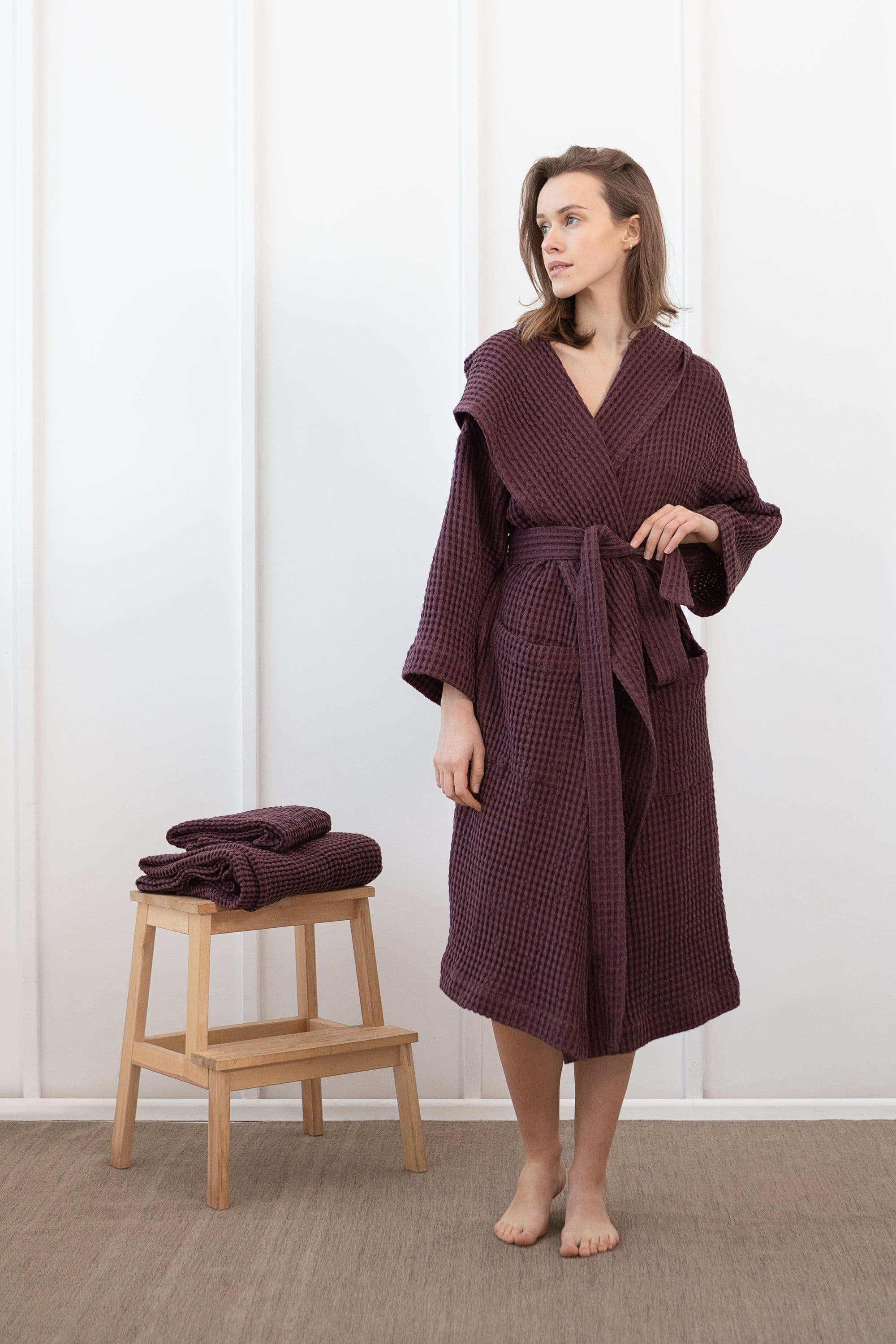 image-Plum linen waffle robe with hoodie