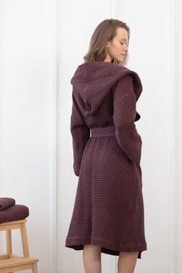 image-Plum linen waffle robe with hoodie