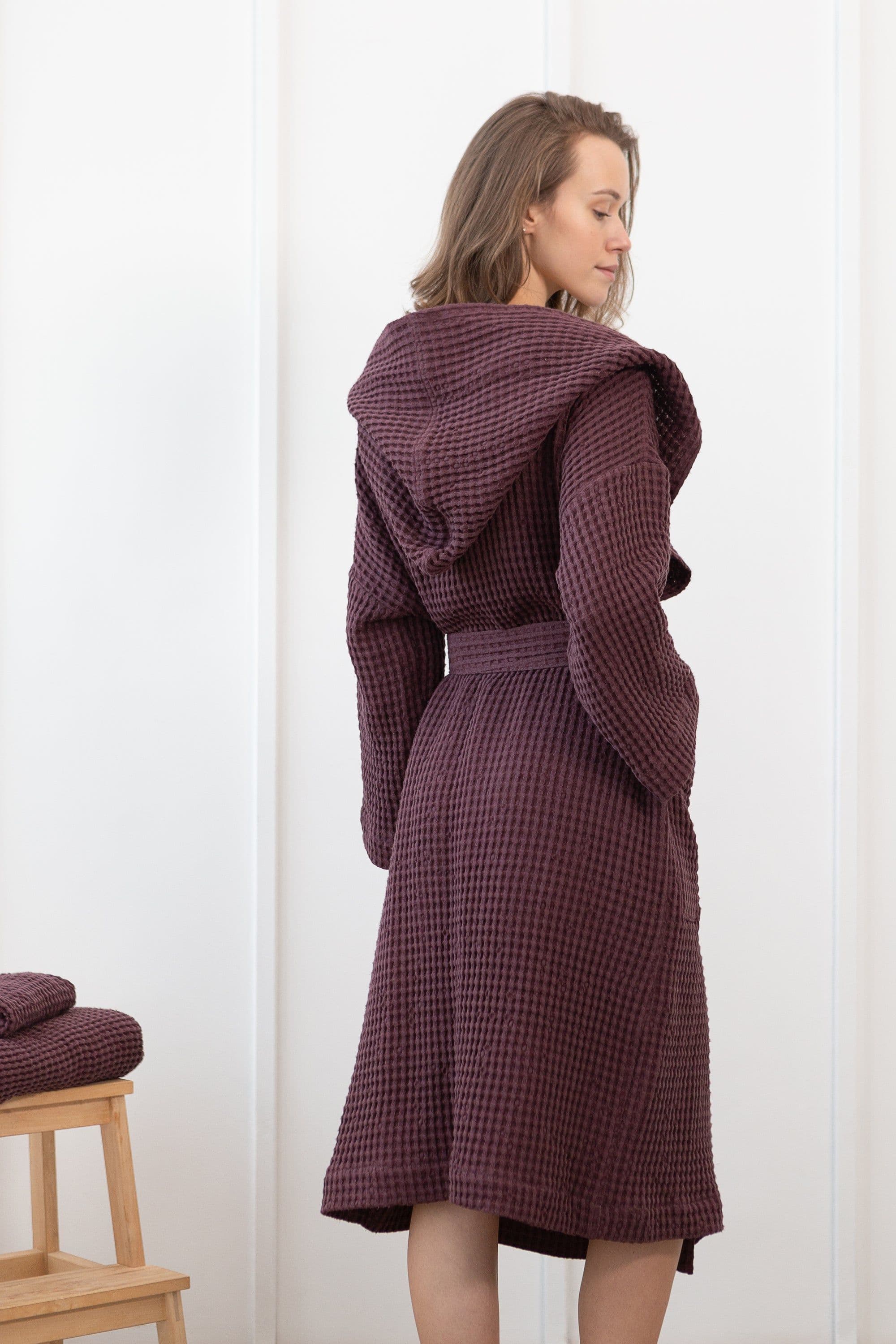 image-Plum linen waffle robe with hoodie