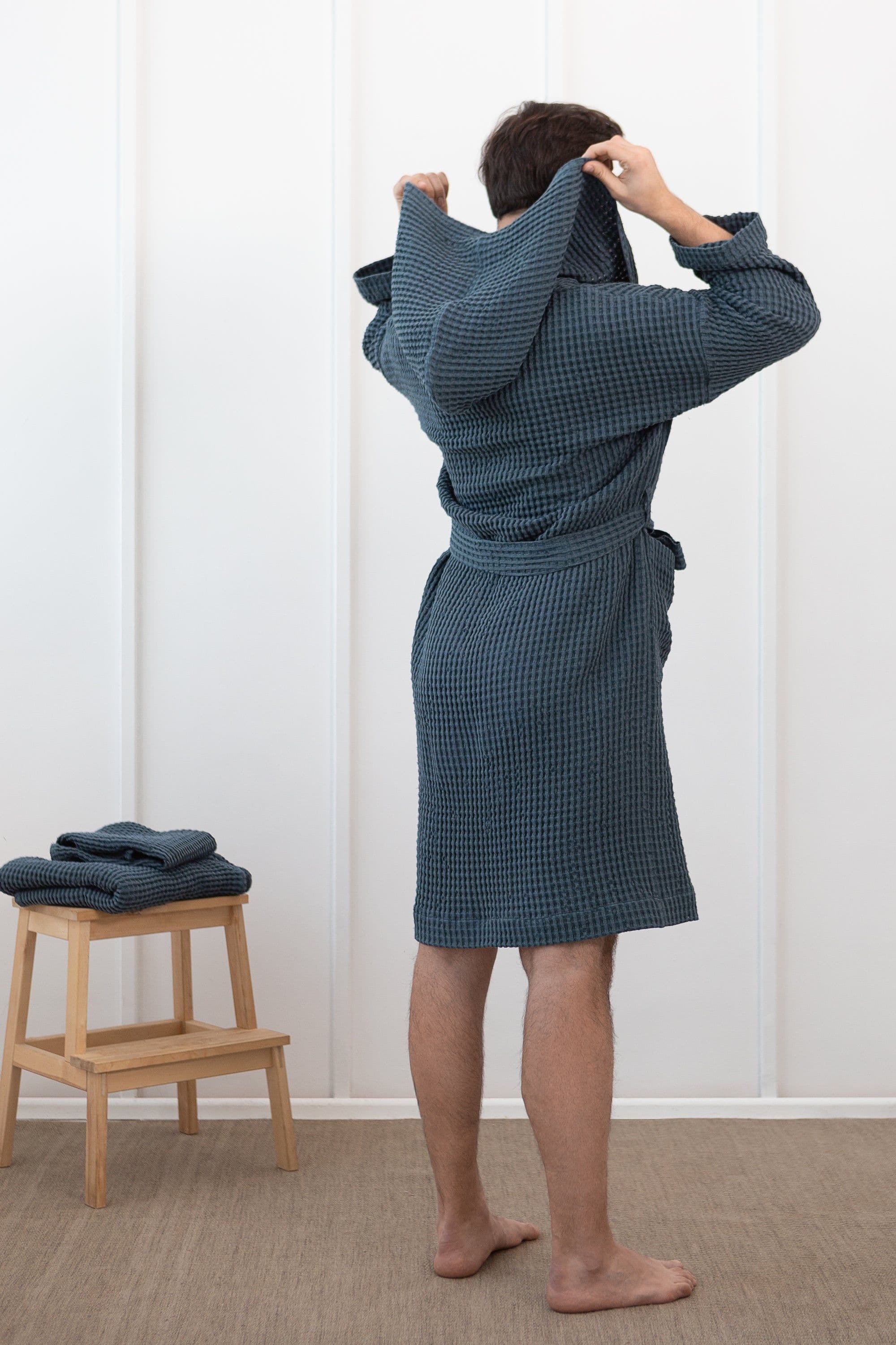 image-White linen waffle robe with hoodie