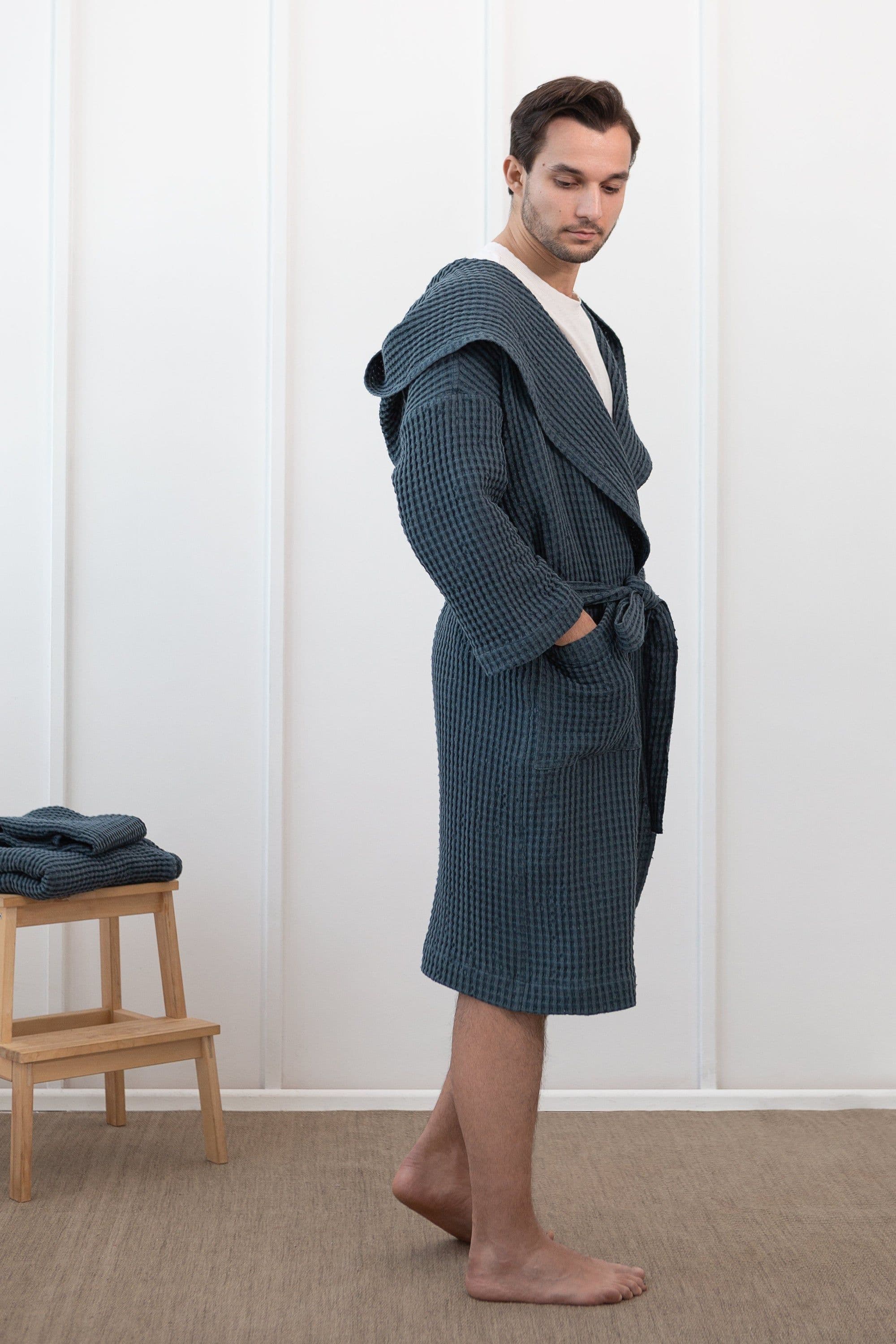 image-Plum linen waffle robe with hoodie