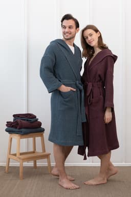 image-Plum linen waffle robe with hoodie