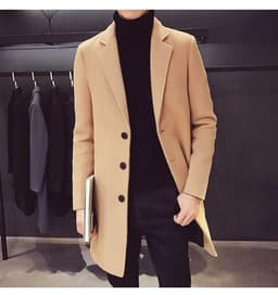 image-Men's Cotton Wool Blend Long Windbreaker Coat (Black Khaki)