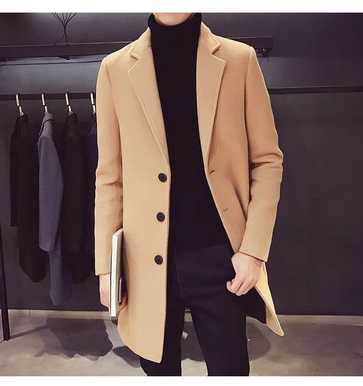 image-Men's Cotton Wool Blend Long Windbreaker Coat (Black Khaki)