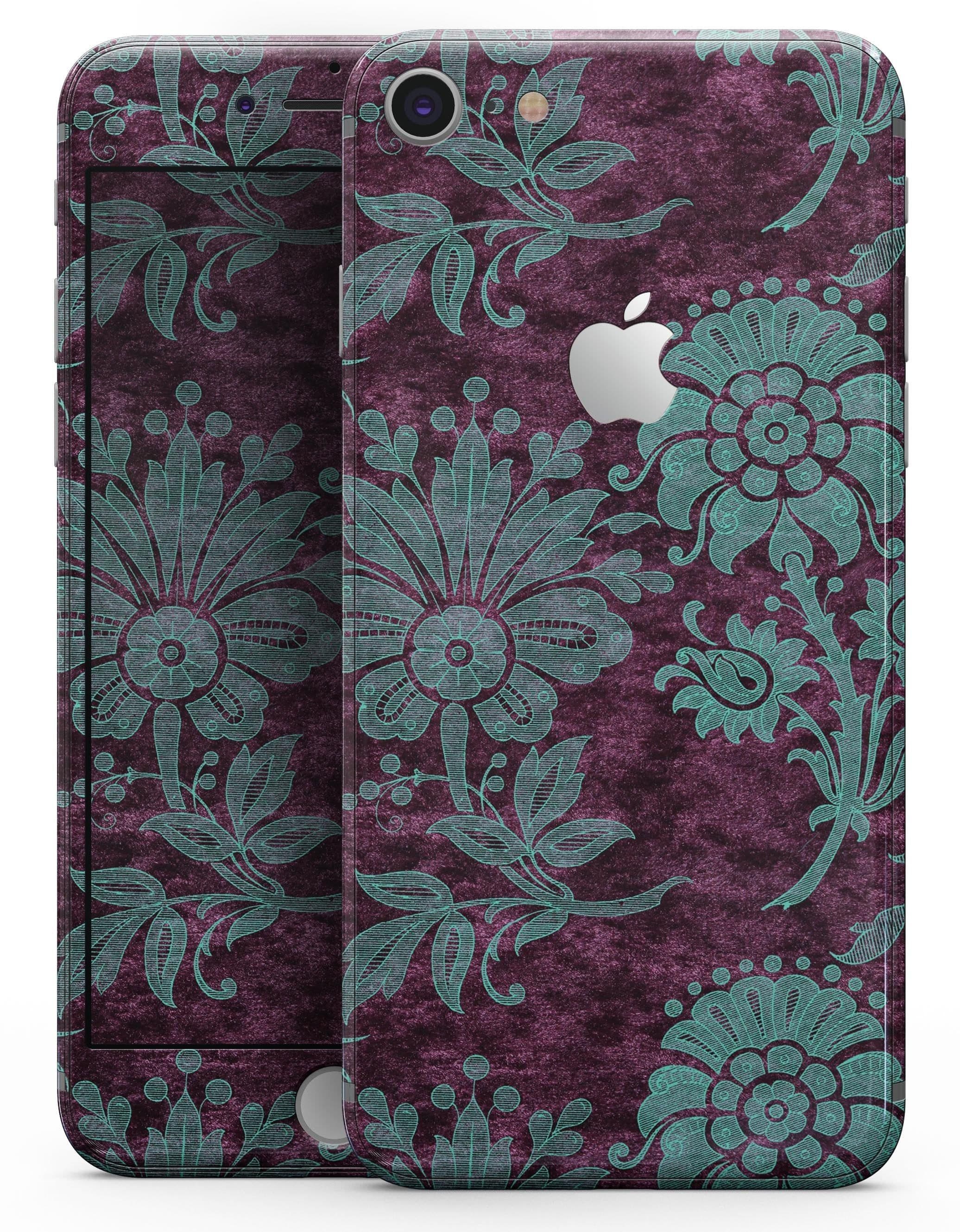 image-Burgundy and Turquoise Floral Velvet v3 - Skin-kit for the iPhone 8 or