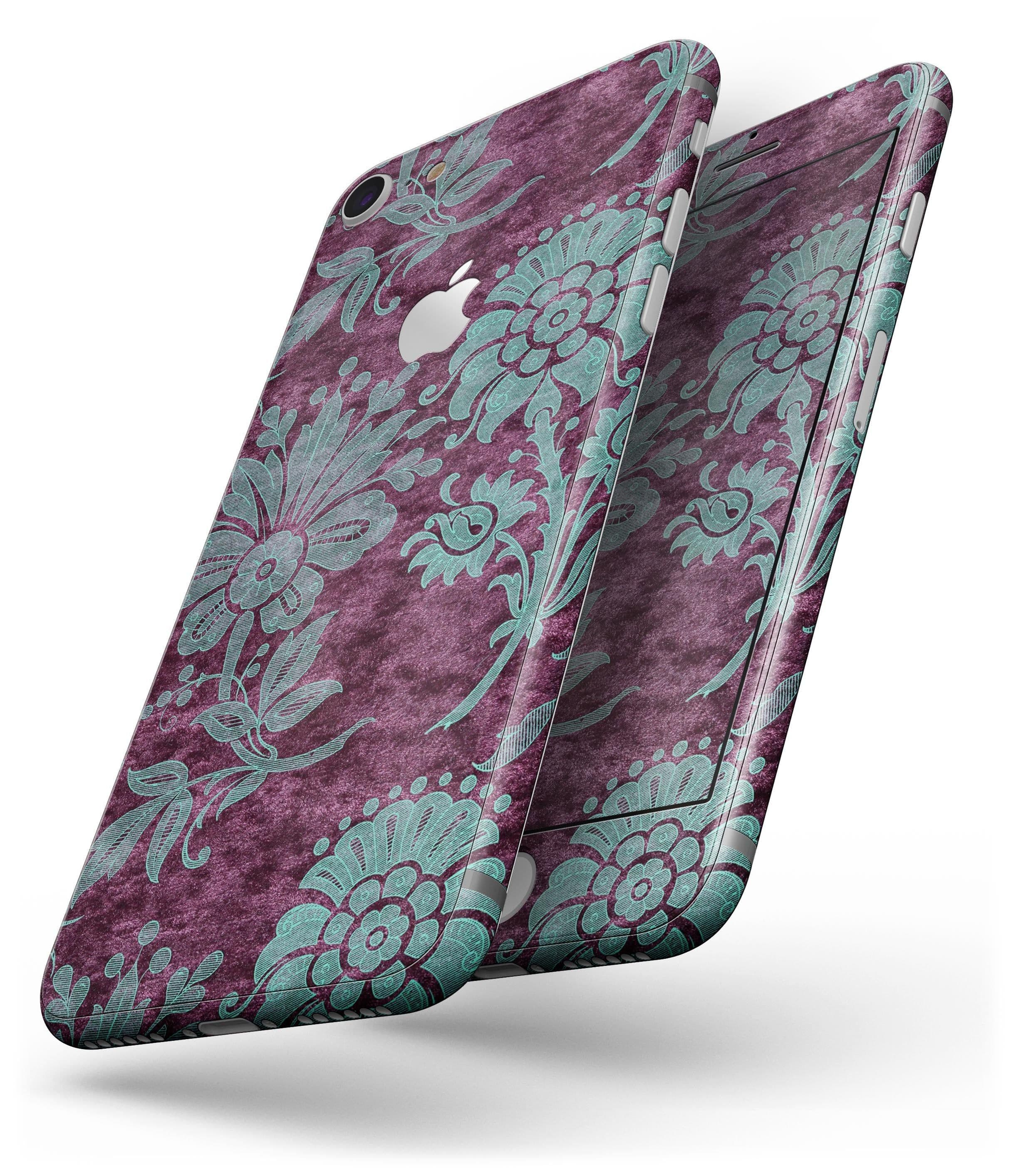 image-Burgundy and Turquoise Floral Velvet v3 - Skin-kit for the iPhone 8 or