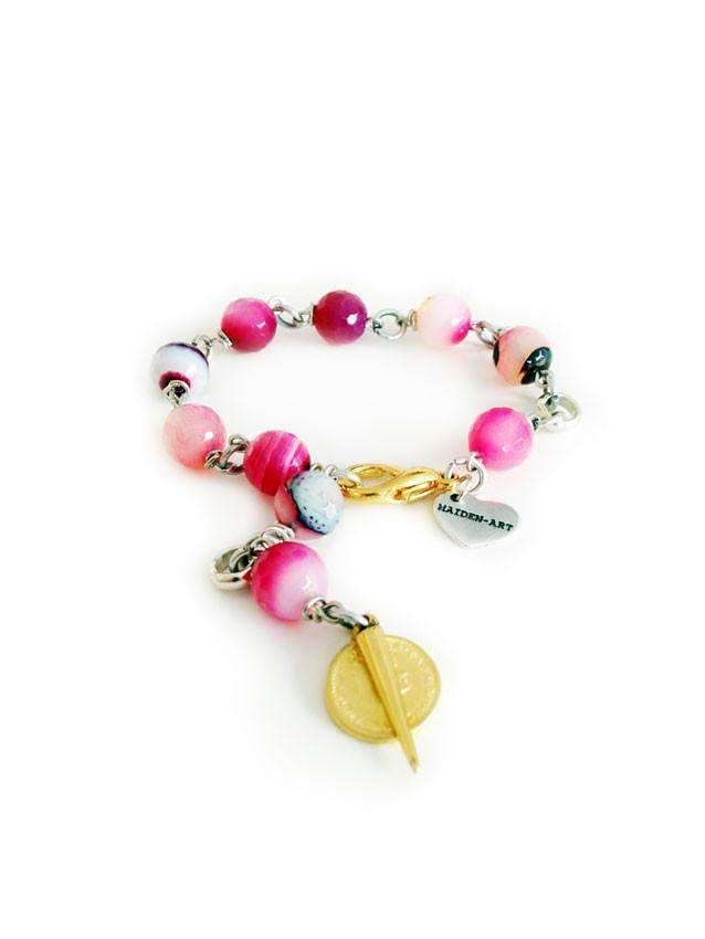 image-Rosary bracelet with pink agate stones, gold spikes and coins