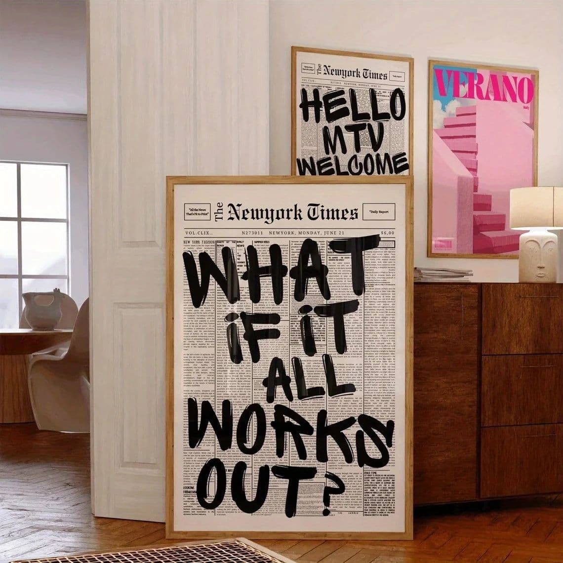 image-1PCS Modern Poster - "What If Everything Goes Well?" Black Positive Quote Printed on Newspaper Background, Decorative Poster