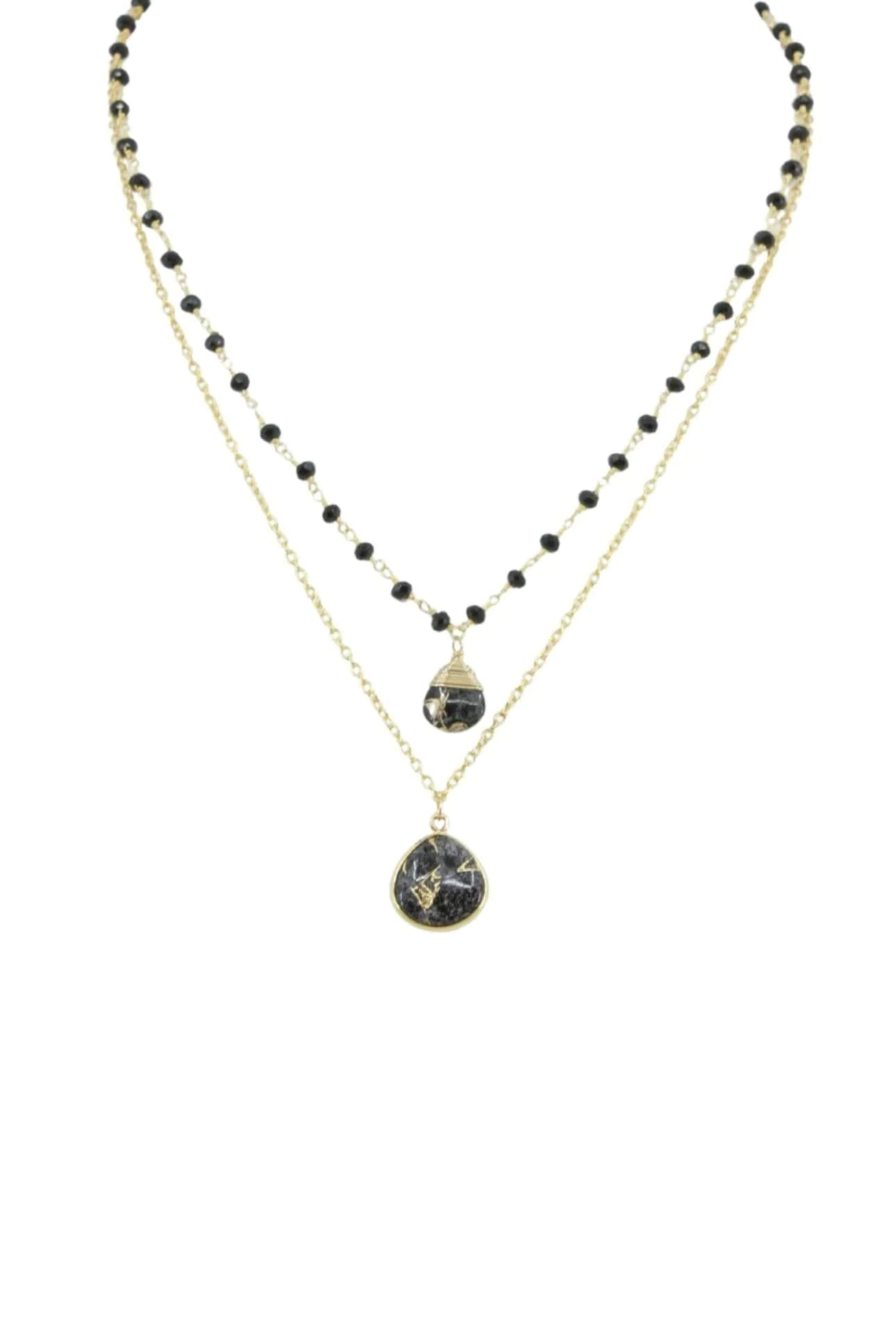 image-Double Jill Necklace with Gold Black Onyx Chain and Black Mojave Copper Turquoise Pendant