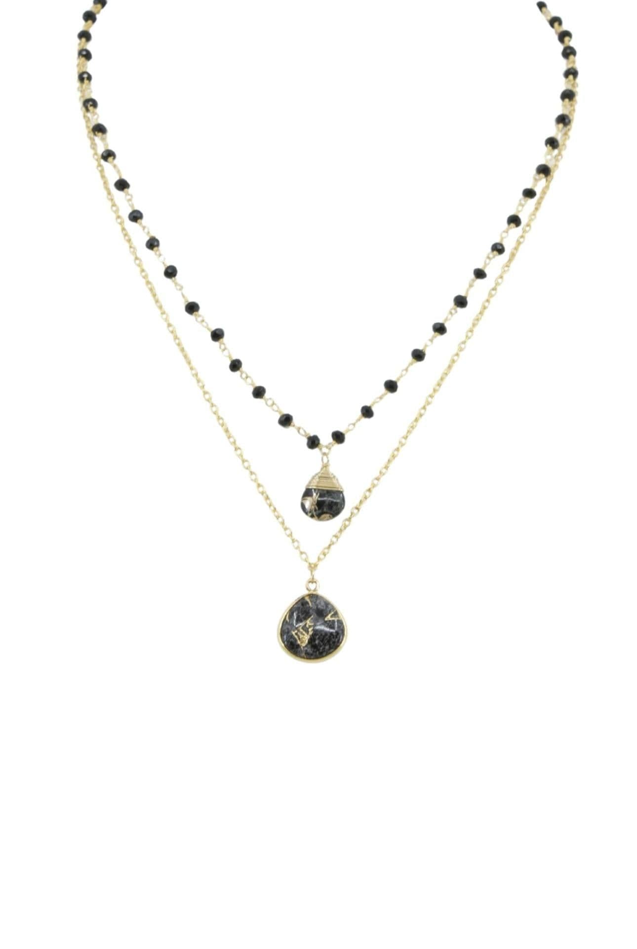 image-Double Jill Necklace with Gold Black Onyx Chain and Black Mojave Copper Turquoise Pendant