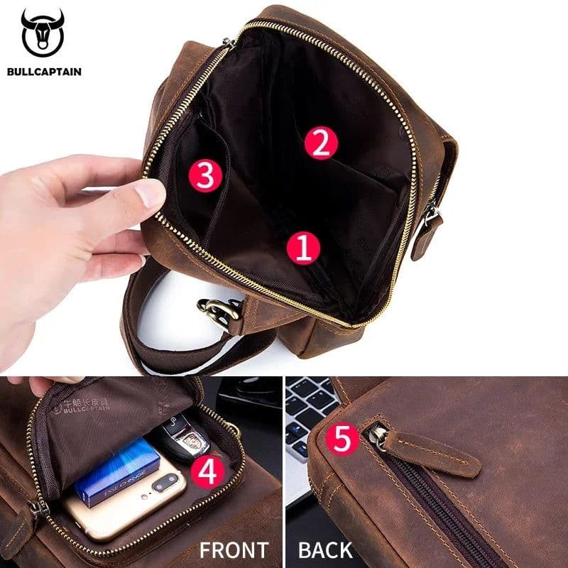 image-BULLCAPTAIN Men's Crossbody Bags Crazy Horse Leather Chest Bag's Leather Crossbody Bages Retro Men's Zip Pocket Short Travel Bag