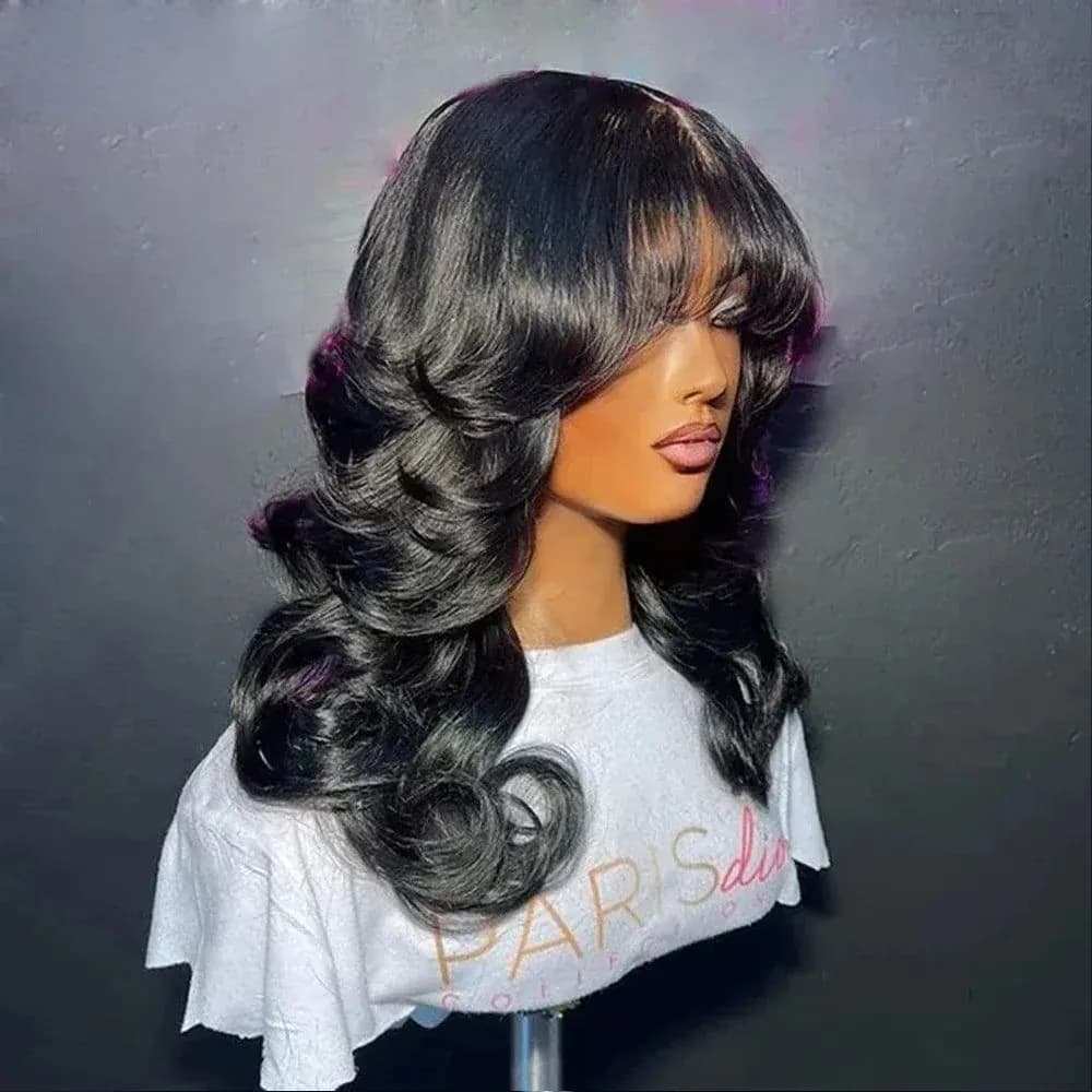 image-Body Wave human hair wigs With Bangs Full Machine Made Wig Cheap Brazilian Hair Wigs Short Bob 3x1 HD Lace Wigs for Women Choice