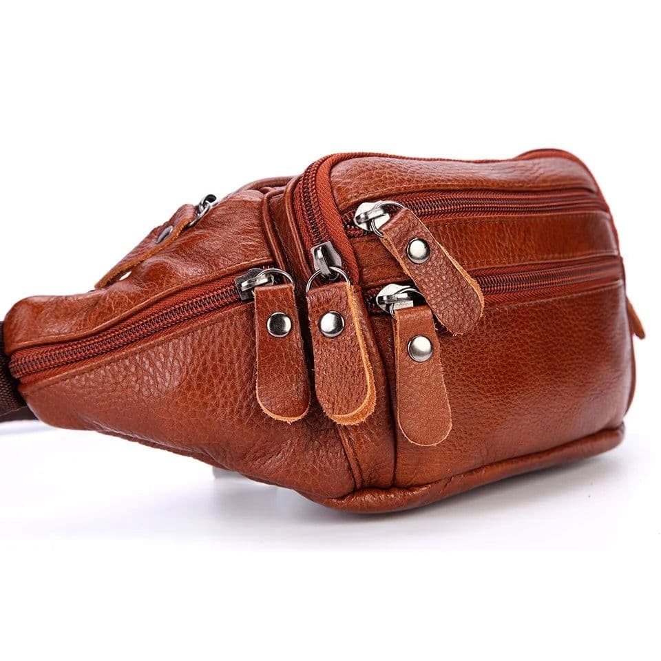 image-Fashion Men Genuine Leather Fanny Bag for Phone Pouch Male Leather Messenger Bags Brand Fanny Pack Male Travel Waist Bag Men